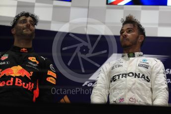 World © Octane Photographic Ltd. Formula 1 - Singapore Grand Prix - Podium. Lewis Hamilton - Mercedes AMG Petronas F1 W08 EQ Energy+ and Daniel Ricciardo - Red Bull Racing RB13. Marina Bay Street Circuit, Singapore. Sunday 17th September 2017. Digital Ref: