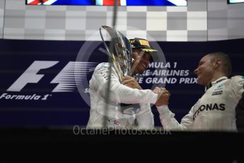 World © Octane Photographic Ltd. Formula 1 - Singapore Grand Prix - Podium. Lewis Hamilton - Mercedes AMG Petronas F1 W08 EQ Energy+, Valtteri Bottas. Marina Bay Street Circuit, Singapore. Sunday 17th September 2017. Digital Ref: