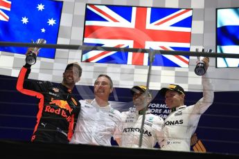 World © Octane Photographic Ltd. Formula 1 - Singapore Grand Prix - Podium. Lewis Hamilton - Mercedes AMG Petronas F1 W08 EQ Energy+, Daniel Ricciardo - Red Bull Racing RB13 and Valtteri Bottas. Marina Bay Street Circuit, Singapore. Sunday 17th September 2017. Digital Ref: