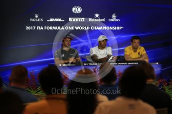 World © Octane Photographic Ltd. Formula 1 - Singapore Grand Prix – Thursday Driver Press Conference – Part 1. Lewis Hamilton - Mercedes AMG Petronas F1 Team, Fernando Alonso - McLaren Honda and Jolyon Palmer - Renault Sport F1 Team. Marina Bay Street Circuit, Singapore. Thursday 14th September 2017. Digital Ref: 1956LB2D0486