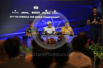 World © Octane Photographic Ltd. Formula 1 - Singapore Grand Prix – Thursday Driver Press Conference – Part 1. Lewis Hamilton - Mercedes AMG Petronas F1 Team, Fernando Alonso - McLaren Honda and Jolyon Palmer - Renault Sport F1 Team. Marina Bay Street Circuit, Singapore. Thursday 14th September 2017. Digital Ref: 1956LB2D0491