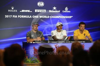 World © Octane Photographic Ltd. Formula 1 - Singapore Grand Prix – Thursday Driver Press Conference – Part 1. Lewis Hamilton - Mercedes AMG Petronas F1 Team, Fernando Alonso - McLaren Honda and Jolyon Palmer - Renault Sport F1 Team. Marina Bay Street Circuit, Singapore. Thursday 14th September 2017. Digital Ref: 1956LB2D0500