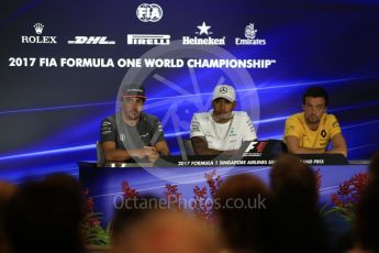 World © Octane Photographic Ltd. Formula 1 - Singapore Grand Prix – Thursday Driver Press Conference – Part 1. Lewis Hamilton - Mercedes AMG Petronas F1 Team, Fernando Alonso - McLaren Honda and Jolyon Palmer - Renault Sport F1 Team. Marina Bay Street Circuit, Singapore. Thursday 14th September 2017. Digital Ref: 1956LB2D0506