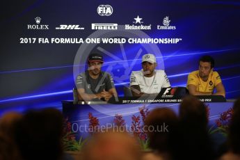 World © Octane Photographic Ltd. Formula 1 - Singapore Grand Prix – Thursday Driver Press Conference – Part 1. Lewis Hamilton - Mercedes AMG Petronas F1 Team, Fernando Alonso - McLaren Honda and Jolyon Palmer - Renault Sport F1 Team. Marina Bay Street Circuit, Singapore. Thursday 14th September 2017. Digital Ref: 1956LB2D0510