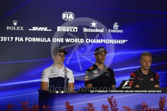 World © Octane Photographic Ltd. Formula 1 - Singapore Grand Prix – Thursday Driver Press Conference – Part 2. Lance Stroll - Williams Martini Racing, Daniel Ricciardo - Red Bull Racing and Kevin Magnussen - Haas F1 Team. Marina Bay Street Circuit, Singapore. Thursday 14th September 2017. Digital Ref: 1956LB2D0527