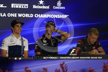 World © Octane Photographic Ltd. Formula 1 - Singapore Grand Prix – Thursday Driver Press Conference – Part 2. Lance Stroll - Williams Martini Racing, Daniel Ricciardo - Red Bull Racing and Kevin Magnussen - Haas F1 Team. Marina Bay Street Circuit, Singapore. Thursday 14th September 2017. Digital Ref: 1956LB2D0559