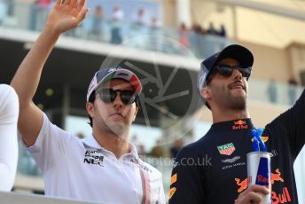 World © Octane Photographic Ltd. Formula 1 – Abu Dhabi GP - Drivers Parade. Racing Point Force India VJM11 - Sergio Perez and Aston Martin Red Bull Racing TAG Heuer RB14 – Daniel Ricciardo. Yas Marina Circuit, Abu Dhabi. Sunday 25th November 2018.