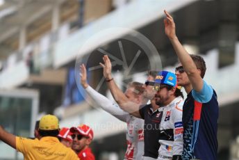 World © Octane Photographic Ltd. Formula 1 – Abu Dhabi GP - Drivers Parade. Haas F1 Team VF-18 – Kevin Magnussen and Romain Grosjean, McLaren MCL33 – Fernando Alonso and Williams Martini Racing FW41 – Sergey Sirotkin. Yas Marina Circuit, Abu Dhabi. Sunday 25th November 2018.