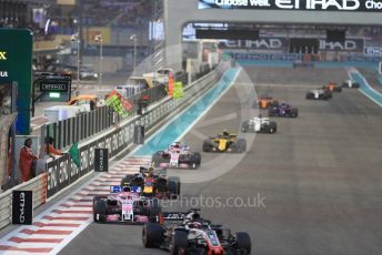 World © Octane Photographic Ltd. Formula 1 –  Abu Dhabi GP - Race. Haas F1 Team VF-18 – Romain Grosjean, Racing Point Force India VJM11 - Esteban Ocon and Aston Martin Red Bull Racing TAG Heuer RB14 – Max Verstappen. Yas Marina Circuit, Abu Dhabi. Sunday 25th November 2018.