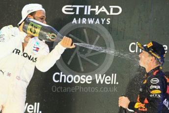 World © Octane Photographic Ltd. Formula 1 –  Abu Dhabi GP - Podium. Mercedes AMG Petronas Motorsport AMG F1 W09 EQ Power+ - Lewis Hamilton and Aston Martin Red Bull Racing TAG Heuer RB14 – Max Verstappen. Yas Marina Circuit, Abu Dhabi. Sunday 25th November 2018.