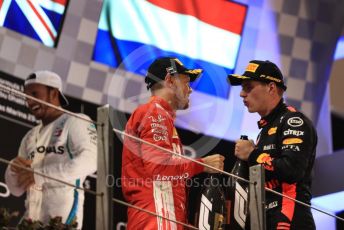 World © Octane Photographic Ltd. Formula 1 –  Abu Dhabi GP - Podium. Mercedes AMG Petronas Motorsport AMG F1 W09 EQ Power+ - Lewis Hamilton, Scuderia Ferrari SF71-H – Sebastian Vettel and Aston Martin Red Bull Racing TAG Heuer RB14 – Max Verstappen. Yas Marina Circuit, Abu Dhabi. Sunday 25th November 2018.