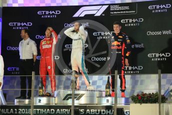 World © Octane Photographic Ltd. Formula 1 –  Abu Dhabi GP - Podium. Mercedes AMG Petronas Motorsport AMG F1 W09 EQ Power+ - Lewis Hamilton, Scuderia Ferrari SF71-H – Sebastian Vettel and Aston Martin Red Bull Racing TAG Heuer RB14 – Max Verstappen. Yas Marina Circuit, Abu Dhabi. Sunday 25th November 2018.