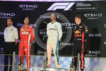 World © Octane Photographic Ltd. Formula 1 –  Abu Dhabi GP - Podium. Mercedes AMG Petronas Motorsport AMG F1 W09 EQ Power+ - Lewis Hamilton, Scuderia Ferrari SF71-H – Sebastian Vettel and Aston Martin Red Bull Racing TAG Heuer RB14 – Max Verstappen. Yas Marina Circuit, Abu Dhabi. Sunday 25th November 2018.