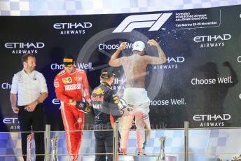 World © Octane Photographic Ltd. Formula 1 –  Abu Dhabi GP - Podium. Mercedes AMG Petronas Motorsport AMG F1 W09 EQ Power+ - Lewis Hamilton, Scuderia Ferrari SF71-H – Sebastian Vettel and Aston Martin Red Bull Racing TAG Heuer RB14 – Max Verstappen. Yas Marina Circuit, Abu Dhabi. Sunday 25th November 2018.