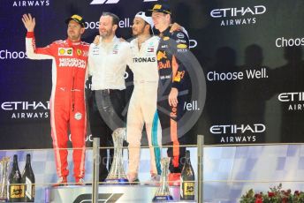 World © Octane Photographic Ltd. Formula 1 –  Abu Dhabi GP - Podium. Mercedes AMG Petronas Motorsport AMG F1 W09 EQ Power+ - Lewis Hamilton, Scuderia Ferrari SF71-H – Sebastian Vettel and Aston Martin Red Bull Racing TAG Heuer RB14 – Max Verstappen. Yas Marina Circuit, Abu Dhabi. Sunday 25th November 2018.