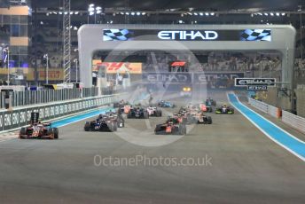 World © Octane Photographic Ltd. FIA Formula 2 (F2) – Abu Dhabi GP - Race 1. Prema Powerteam - Nyck de Vries leads the race start as chaos reigns at the back of the grid. Yas Marina Circuit, Abu Dhabi. Saturday 24th November 2018.