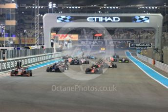 World © Octane Photographic Ltd. FIA Formula 2 (F2) – Abu Dhabi GP - Race 1. Prema Powerteam - Nyck de Vries leads the race start as chaos reigns at the back of the grid. Yas Marina Circuit, Abu Dhabi. Saturday 24th November 2018.