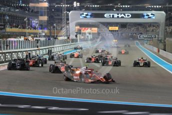 World © Octane Photographic Ltd. FIA Formula 2 (F2) – Abu Dhabi GP - Race 1. Prema Powerteam - Nyck de Vries leads the race start as chaos reigns at the back of the grid. Yas Marina Circuit, Abu Dhabi. Saturday 24th November 2018.