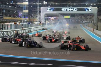 World © Octane Photographic Ltd. FIA Formula 2 (F2) – Abu Dhabi GP - Race 1. Prema Powerteam - Nyck de Vries leads the race start as chaos reigns at the back of the grid. Yas Marina Circuit, Abu Dhabi. Saturday 24th November 2018.