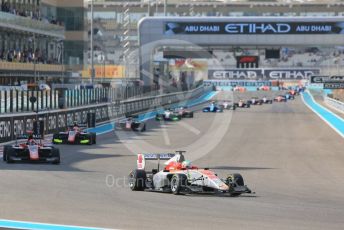World © Octane Photographic Ltd. GP3 – Abu Dhabi GP – Race 1. Campos Racing – Leodardo Pulcini leads on lap 2. Yas Marina Circuit, Abu Dhabi. Saturday 24th November 2018.