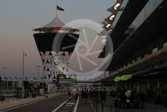 World © Octane Photographic Ltd. Formula 1 –  Abu Dhabi GP - Pit Lane. Year of Zayed marking on the race control tower. Yas Marina Circuit, Abu Dhabi. Thursday 22nd November 2018.