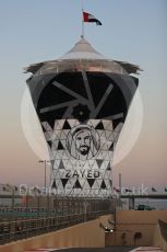 World © Octane Photographic Ltd. Formula 1 –  Abu Dhabi GP - Pit Lane. Year of Zayed marking on the race control tower. Yas Marina Circuit, Abu Dhabi. Thursday 22nd November 2018.