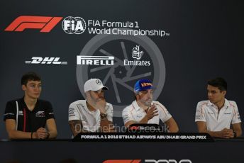 World © Octane Photographic Ltd. Formula 1 – Abu Dhabi GP - FIA Drivers’ Press Conference. McLaren – Fernando Alonso, Mercedes AMG Petronas Motorsport - Lewis Hamilton, Lando Norris - 2019 McLaren Driver and George Russell - 2019 Williams Driver. Yas Marina Circuit, Abu Dhabi. Thursday 22nd November 2018.