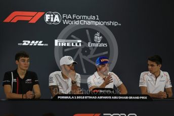 World © Octane Photographic Ltd. Formula 1 – Abu Dhabi GP - FIA Drivers’ Press Conference. McLaren – Fernando Alonso, Mercedes AMG Petronas Motorsport - Lewis Hamilton, Lando Norris - 2019 McLaren Driver  and George Russell - 2019 Williams Driver. Yas Marina Circuit, Abu Dhabi. Thursday 22nd November 2018.