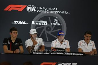 World © Octane Photographic Ltd. Formula 1 – Abu Dhabi GP - FIA Drivers’ Press Conference. McLaren – Fernando Alonso, Mercedes AMG Petronas Motorsport - Lewis Hamilton, Lando Norris - 2019 McLaren Driver and George Russell - 2019 Williams Driver. Yas Marina Circuit, Abu Dhabi. Thursday 22nd November 2018.