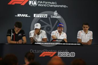 World © Octane Photographic Ltd. Formula 1 – Abu Dhabi GP - FIA Drivers’ Press Conference. McLaren – Fernando Alonso, Mercedes AMG Petronas Motorsport - Lewis Hamilton, Lando Norris - 2019 McLaren Driver and George Russell - 2019 Williams Driver. Yas Marina Circuit, Abu Dhabi. Thursday 22nd November 2018.