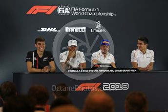 World © Octane Photographic Ltd. Formula 1 – Abu Dhabi GP - FIA Drivers’ Press Conference. McLaren – Fernando Alonso, Mercedes AMG Petronas Motorsport - Lewis Hamilton, Lando Norris - 2019 McLaren Driver and George Russell - 2019 Williams Driver. Yas Marina Circuit, Abu Dhabi. Thursday 22nd November 2018.