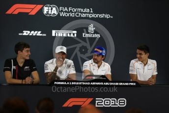 World © Octane Photographic Ltd. Formula 1 – Abu Dhabi GP - FIA Drivers’ Press Conference. McLaren – Fernando Alonso, Mercedes AMG Petronas Motorsport - Lewis Hamilton, Lando Norris - 2019 McLaren Driver and George Russell - 2019 Williams Driver. Yas Marina Circuit, Abu Dhabi. Thursday 22nd November 2018.