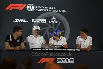 World © Octane Photographic Ltd. Formula 1 – Abu Dhabi GP - FIA Drivers’ Press Conference. McLaren – Fernando Alonso, Mercedes AMG Petronas Motorsport - Lewis Hamilton, Lando Norris - 2019 McLaren Driver and George Russell - 2019 Williams Driver. Yas Marina Circuit, Abu Dhabi. Thursday 22nd November 2018.