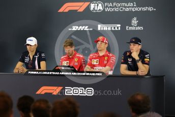 World © Octane Photographic Ltd. Formula 1 – Abu Dhabi GP - FIA Drivers’ Press Conference. Racing Point Force India - Esteban Ocon, Scuderia Ferrari – Kimi Raikkonen, Aston Martin Red Bull Racing TAG Heuer – Max Verstappen and Scuderia Ferrari – Sebastian Vettel. Yas Marina Circuit, Abu Dhabi. Thursday 22nd November 2018.