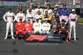 World © Octane Photographic Ltd. Formula 1 – Australian GP - Class of 2018. Row 1 - Scuderia Ferrari SF71-H – Kimi Raikkonen and Sebastian Vettel, Mercedes AMG Petronas Motorsport AMG F1 W09 EQ Power+ - Lewis Hamilton and Valtteri Bottas, Aston Martin Red Bull Racing TAG Heuer RB14 – Daniel Ricciardo and Max Verstappen,. Row 2 - Williams Martini Racing FW41 – Sergey Sirotkin, Lance Stroll, McLaren MCL33 – Stoffel Vandoorne, Fernando Alonso, Renault Sport F1 Team RS18 – Carlos Sainz and Nico Hulkenberg, Sahara Force India VJM11 - Sergio Perez and Esteban Ocon. Row 3 - Haas F1 Team VF-18 – Romain Grosjean, Kevin Magnussen, Alfa Romeo Sauber F1 Team C37 – Marcus Ericsson, Charles Leclerc, Scuderia Toro Rosso STR13 – Pierre Gasly and Brendon Hartley. Albert Park, Melbourne, Australia. Sunday 25th March 2018.