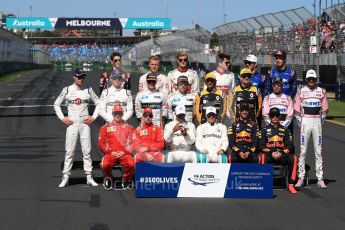 World © Octane Photographic Ltd. Formula 1 – Australian GP - Class of 2018. Row 1 - Scuderia Ferrari SF71-H – Kimi Raikkonen and Sebastian Vettel, Mercedes AMG Petronas Motorsport AMG F1 W09 EQ Power+ - Lewis Hamilton and Valtteri Bottas, Aston Martin Red Bull Racing TAG Heuer RB14 – Daniel Ricciardo and Max Verstappen,. Row 2 - Williams Martini Racing FW41 – Sergey Sirotkin, Lance Stroll, McLaren MCL33 – Stoffel Vandoorne, Fernando Alonso, Renault Sport F1 Team RS18 – Carlos Sainz and Nico Hulkenberg, Sahara Force India VJM11 - Sergio Perez and Esteban Ocon. Row 3 - Haas F1 Team VF-18 – Romain Grosjean, Kevin Magnussen, Alfa Romeo Sauber F1 Team C37 – Marcus Ericsson, Charles Leclerc, Scuderia Toro Rosso STR13 – Pierre Gasly and Brendon Hartley. Albert Park, Melbourne, Australia. Sunday 25th March 2018.