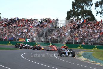 World © Octane Photographic Ltd. Formula 1 – Australian GP - Race. Mercedes AMG Petronas Motorsport AMG F1 W09 EQ Power+ - Lewis Hamilton and Scuderia Ferrari SF71-H – Kimi Raikkonen and Sebastian Vettel with Aston Martin Red Bull Racing TAG Heuer RB14 – Max Verstappen. Albert Park, Melbourne, Australia. Sunday 25th March 2018.