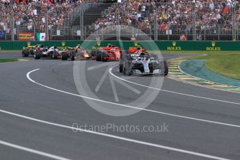 World © Octane Photographic Ltd. Formula 1 – Australian GP - Race. Mercedes AMG Petronas Motorsport AMG F1 W09 EQ Power+ - Lewis Hamilton leads the pack on the opening lap. Albert Park, Melbourne, Australia. Sunday 25th March 2018.