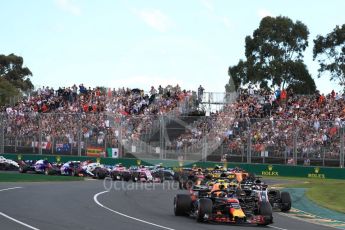 World © Octane Photographic Ltd. Formula 1 – Australian GP - Race. Aston Martin Red Bull Racing TAG Heuer RB14 – Max Verstappen and Haas F1 Team VF-18 – Romain Grosjean. Albert Park, Melbourne, Australia. Sunday 25th March 2018.
