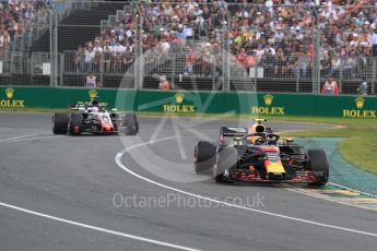 World © Octane Photographic Ltd. Formula 1 – Australian GP - Race. Aston Martin Red Bull Racing TAG Heuer RB14 – Max Verstappen and Haas F1 Team VF-18 – Romain Grosjean. . Albert Park, Melbourne, Australia. Sunday 25th March 2018.
