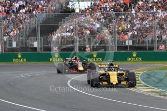 World © Octane Photographic Ltd. Formula 1 – Australian GP - Race. Renault Sport F1 Team RS18 – Nico Hulkenberg and Aston Martin Red Bull Racing TAG Heuer RB14 – Daniel Ricciardo. Albert Park, Melbourne, Australia. Sunday 25th March 2018.