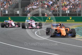 World © Octane Photographic Ltd. Formula 1 – Australian GP - Race. McLaren MCL33 – Stoffel Vandoorne followed by Sahara Force India VJM11 - Sergio Perez and Esteban Ocon. Albert Park, Melbourne, Australia. Sunday 25th March 2018.