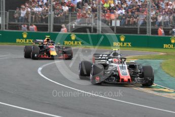 World © Octane Photographic Ltd. Formula 1 – Australian GP - Race. Haas F1 Team VF-18 – Kevin Magnussen and Aston Martin Red Bull Racing TAG Heuer RB14 – Max Verstappen. Albert Park, Melbourne, Australia. Sunday 25th March 2018.