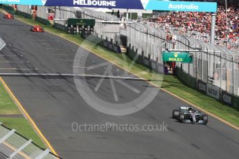 World © Octane Photographic Ltd. Formula 1 – Australian GP - Race. Mercedes AMG Petronas Motorsport AMG F1 W09 EQ Power+ - Lewis Hamilton ahead of the 2 Scuderia Ferrari SF71-Hs of Kimi Raikkonen and Sebastian Vettel. Albert Park, Melbourne, Australia. Sunday 25th March 2018.