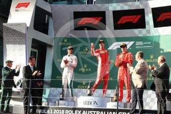 World © Octane Photographic Ltd. Formula 1 – Australian GP - Podium. Scuderia Ferrari SF71-H – Sebastian Vettel (1st), Mercedes AMG Petronas Motorsport AMG F1 W09 EQ Power+ - Lewis Hamilton (2nd) and Kimi Raikkonen (3rd). Albert Park, Melbourne, Australia. Sunday 25th March 2018.