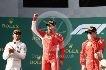 World © Octane Photographic Ltd. Formula 1 – Australian GP - Podium. Scuderia Ferrari SF71-H – Sebastian Vettel (1st), Mercedes AMG Petronas Motorsport AMG F1 W09 EQ Power+ - Lewis Hamilton (2nd) and Kimi Raikkonen (3rd). Albert Park, Melbourne, Australia. Sunday 25th March 2018.