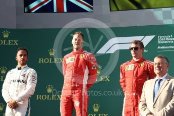 World © Octane Photographic Ltd. Formula 1 – Australian GP - Podium. Scuderia Ferrari SF71-H – Sebastian Vettel (1st), Mercedes AMG Petronas Motorsport AMG F1 W09 EQ Power+ - Lewis Hamilton (2nd) and Kimi Raikkonen (3rd). Albert Park, Melbourne, Australia. Sunday 25th March 2018.