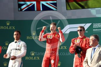 World © Octane Photographic Ltd. Formula 1 – Australian GP - Podium. Scuderia Ferrari SF71-H – Sebastian Vettel (1st), Mercedes AMG Petronas Motorsport AMG F1 W09 EQ Power+ - Lewis Hamilton (2nd) and Kimi Raikkonen (3rd). Albert Park, Melbourne, Australia. Sunday 25th March 2018.