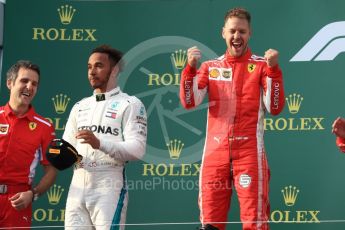 World © Octane Photographic Ltd. Formula 1 – Australian GP - Podium. Scuderia Ferrari SF71-H – Sebastian Vettel (1st), Mercedes AMG Petronas Motorsport AMG F1 W09 EQ Power+ - Lewis Hamilton (2nd) - Inake Rueda – Ferrari Race Strategist. Albert Park, Melbourne, Australia. Sunday 25th March 2018.