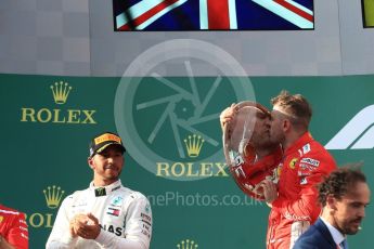 World © Octane Photographic Ltd. Formula 1 – Australian GP - Podium. Scuderia Ferrari SF71-H – Sebastian Vettel (1st), Mercedes AMG Petronas Motorsport AMG F1 W09 EQ Power+ - Lewis Hamilton (2nd). Albert Park, Melbourne, Australia. Sunday 25th March 2018.